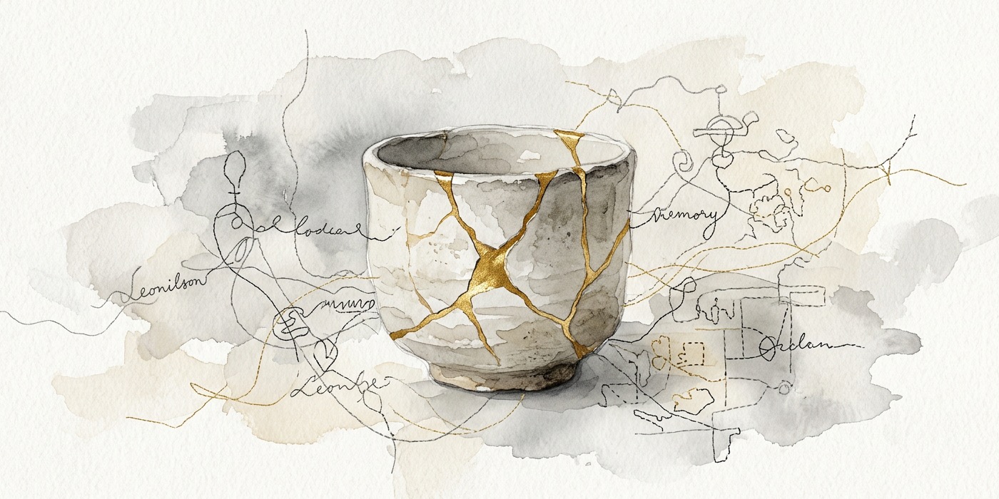 Aquarela de uma tigela de cerâmica reparada com kintsugi, rachaduras douradas, linhas finas ao estilo Leonilson ao fundo